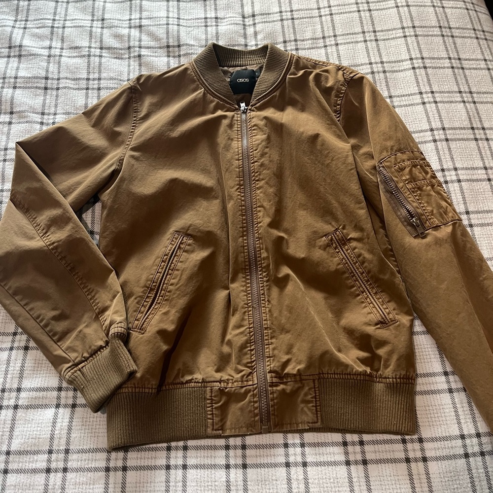 ASOS‎ Mens Bomber Jacket Tan Brown Full Zip Utility Flight Sleeve Pocket Small